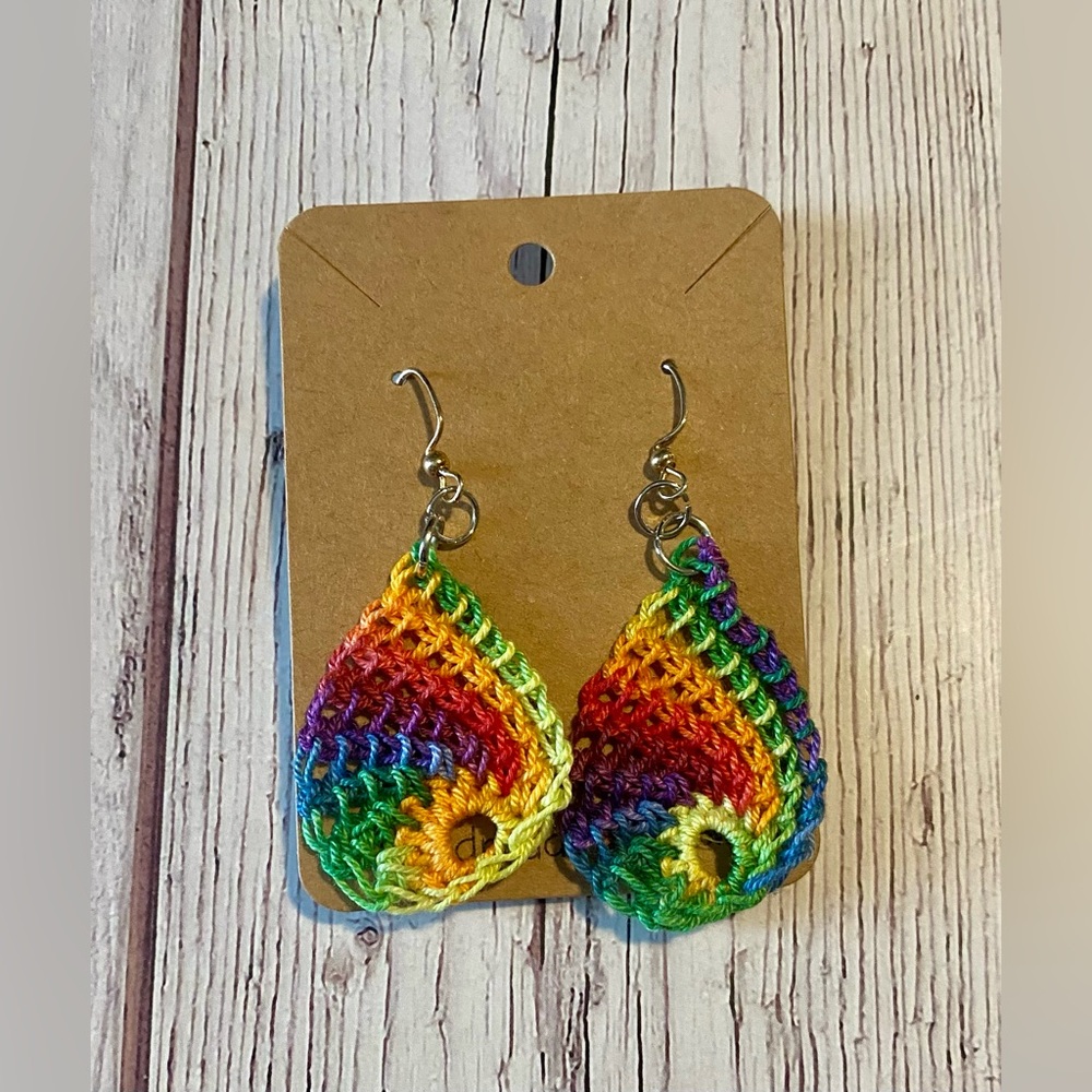 Handmade Rainbow Tunisian Crochet Teardrop Earrings